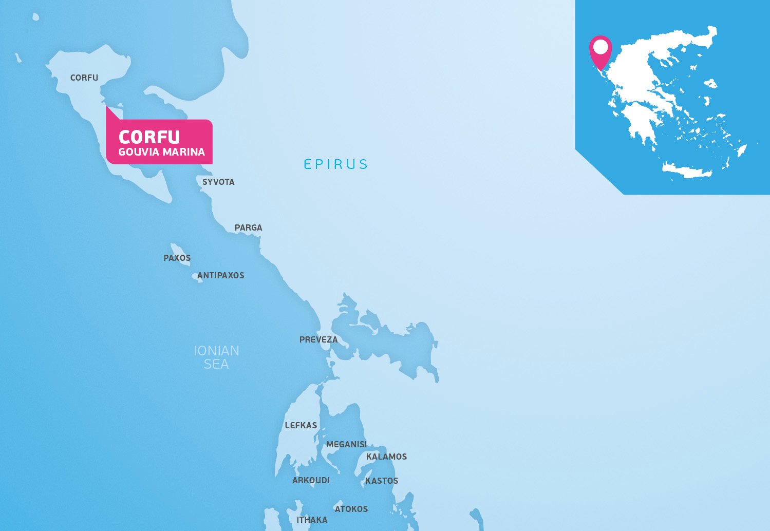Map of Corfu and Location of Gouvia Marina